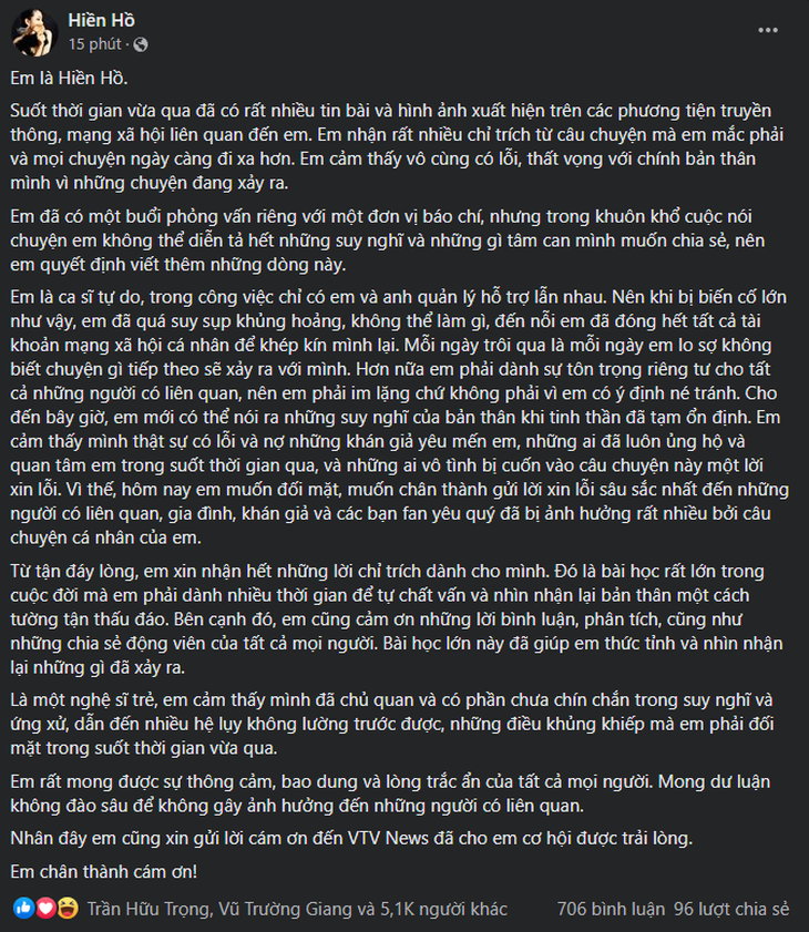Hiền Hồ đăng tâm thư, khuấy đảo mạng xã hội trong 