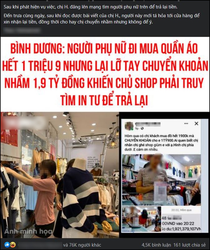 Mua 1,9 triệu chuyển khoản nhầm 1,9 tỉ - Người bán lên mạng tìm khách! - Ảnh 1.