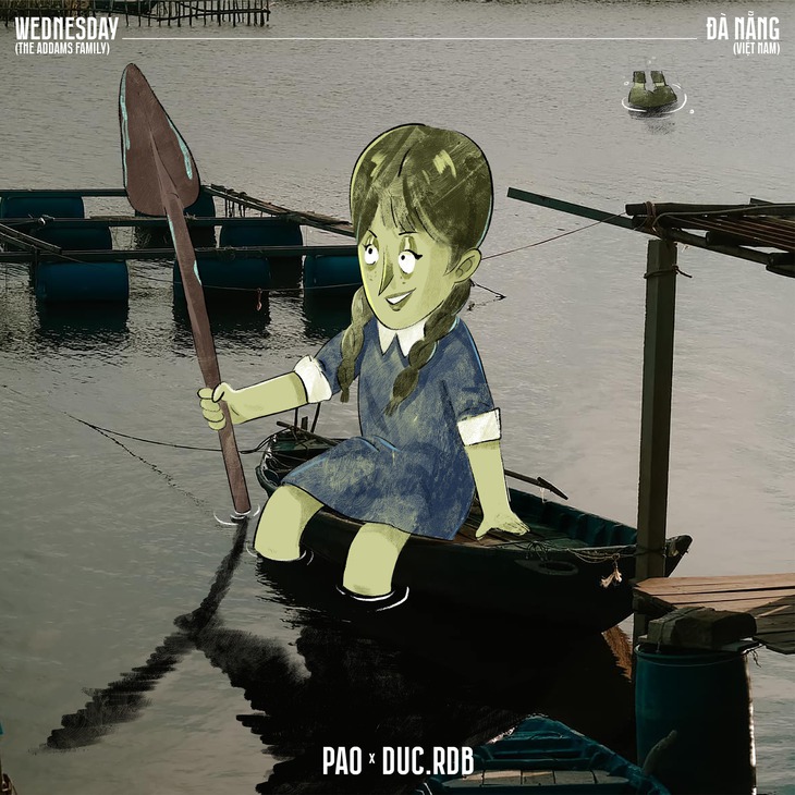 Fan Việt làm hẳn bộ tranh đưa Chị Tư phim Wednesday du lịch khắp Hội An - Đà Nẵng - Ảnh 3.