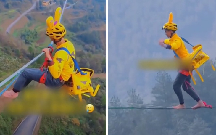 Shipper đu dây, đi thăng bằng để giao xiên nướng cho khách: Ghê chưa?!