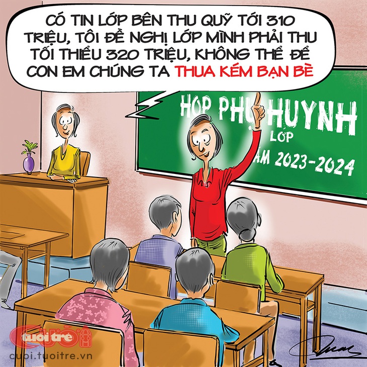 Trưởng ban đại diện cha mẹ học sinh đề nghị "lớp mình" phải thu đủ 320 triệu hơn lớp bên cạnh, để con em chúng ta không thua kém bạn bè - Tranh: Đỗ Minh Tuấn 