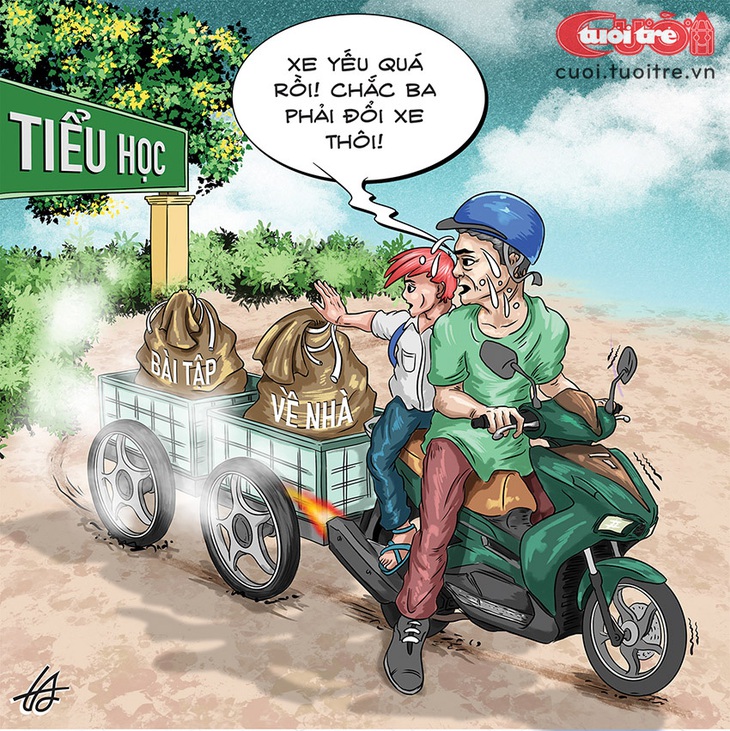 Tậu xe ba gác để chở&nbsp;bài tập về nhà? - Tranh: Nguyễn Tuấn Anh