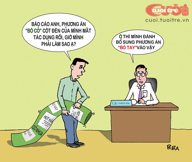 Cột điện bó cỏ hết tác dụng, thôi đành bó tay? - Tranh biếm họa của B.Ba 