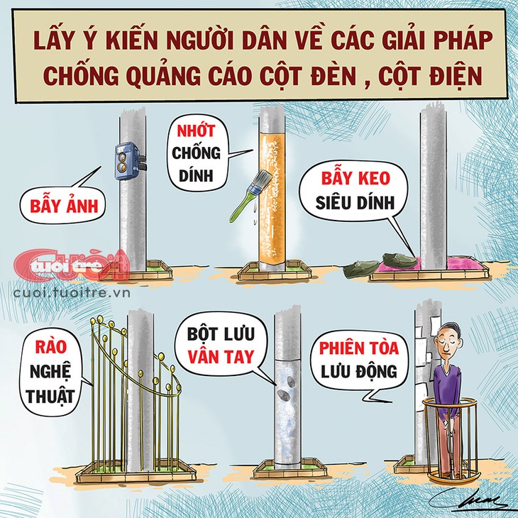 1.001 cách chống quảng cáo trên "nền tảng" cột điện - Tranh: Đỗ Minh Tuấn 