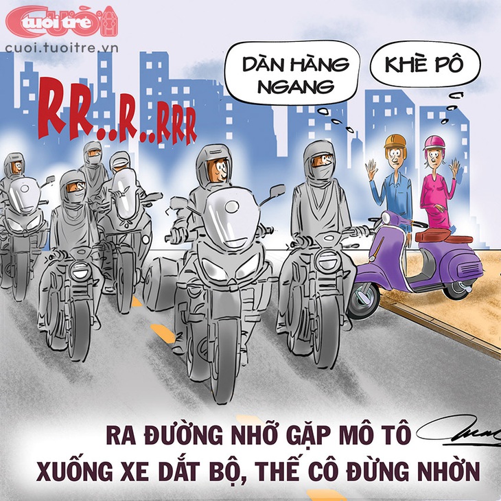 Ra đường nhỡ gặp&nbsp;mô tô... Xuống xe dắt bộ cho lành - Tranh: Đỗ Minh Tuấn 