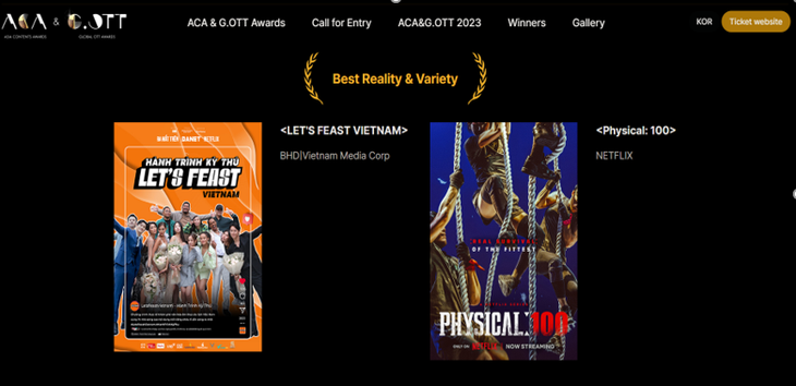 Ảnh chụp từ trang web công bố giải thưởng chính thức của ACA & Global OTT Awards-BIFF.