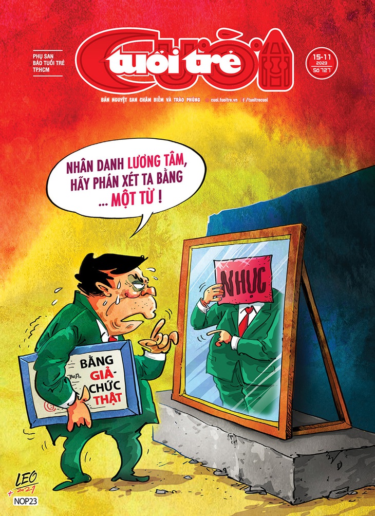 Tuổi Trẻ Cười số 15-11-2023: Quan chức tự vấn lương tâm trước gương thần - Tranh: NOP+LEO