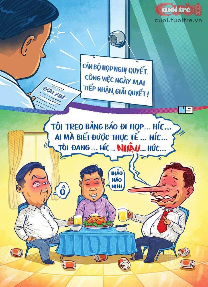 Vị cán bộ mọc mũi&nbsp;Pinocchio vì đi nhậu mà nói xạo là bận họp - Tranh: Hải Nam 