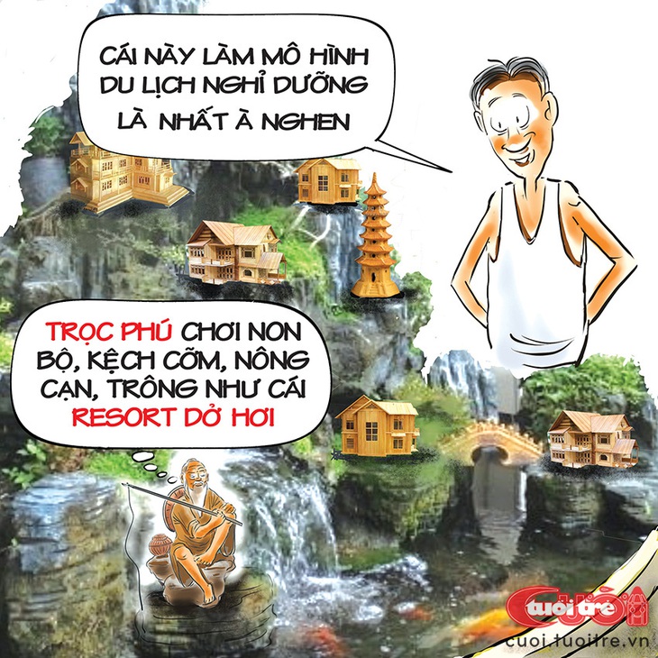 Chơi&nbsp;non bộ&nbsp;theo phong cách trọc phú - Tranh biếm họa của Đỗ Minh Tuấn
