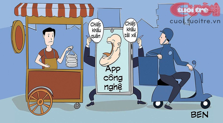 Mối tình tay ba: Quán ăn, app,&nbsp;shipper - Tranh: BEN 