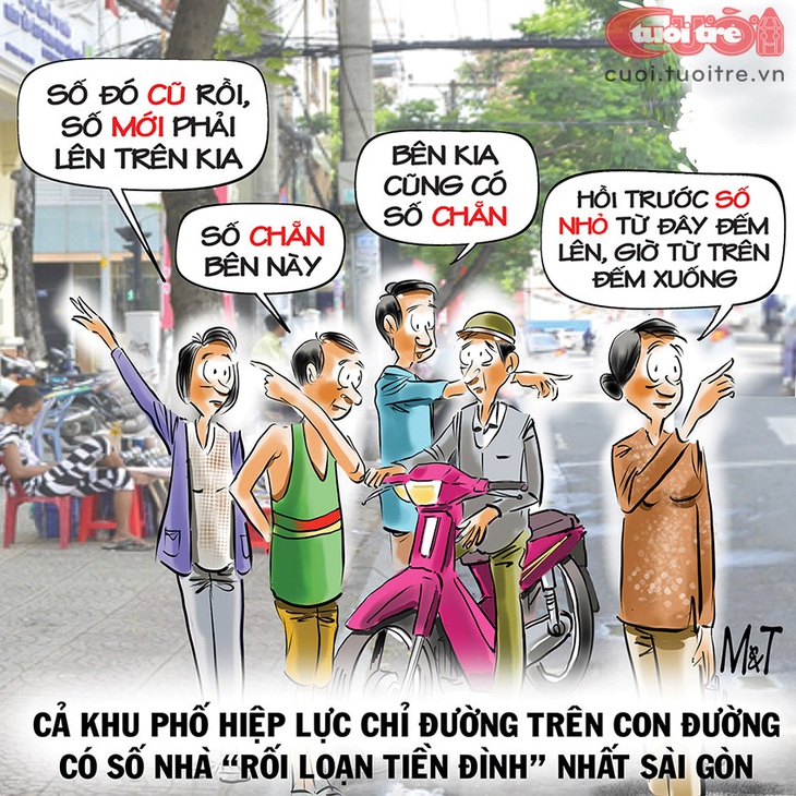 Dân "thổ địa" cũng bất lực với ma trận&nbsp;số nhà - Tranh: Đỗ Minh Tuấn 