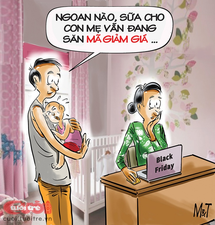 Con trai chờ mã giảm giá sữa ngày&nbsp;Black Friday - Tranh: Đỗ Minh Tuấn 