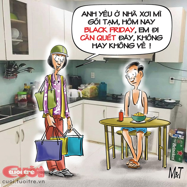 Ông chồng ăn mì gói trong ngày Black Friday&nbsp;- Tranh: Đỗ Minh Tuấn 