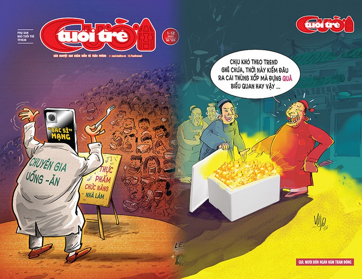 Biếm họa bìa 1 và bìa 4&nbsp; Tuổi Trẻ Cười 1-12-2023