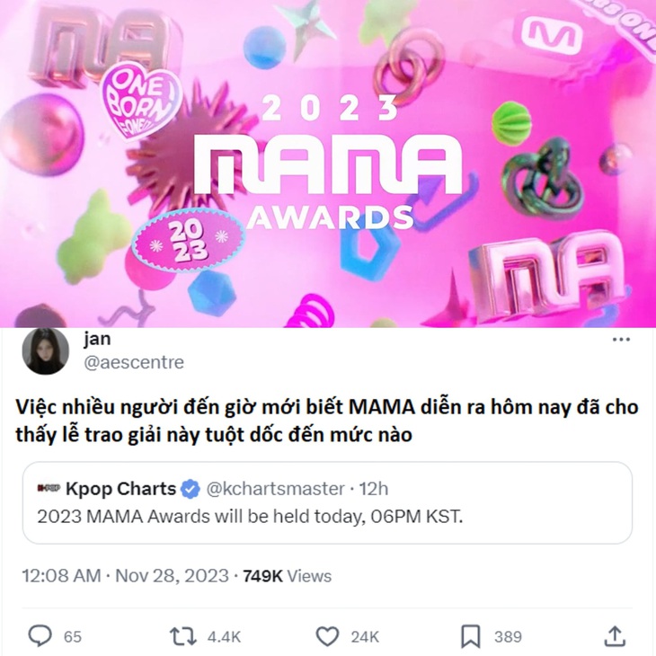 Bài đăng bình luận sự kiện MAMA 2023 đìu hiu với người hâm mộ châu Á