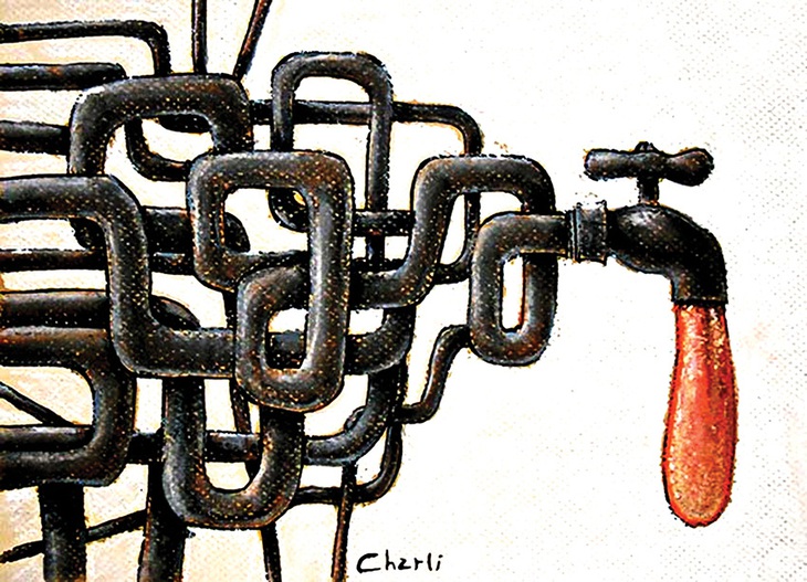 Vượt mê cung đường ống, nước “sạch” đây! - tranh của Carlos David Luentes, hoạ sĩ Cuba