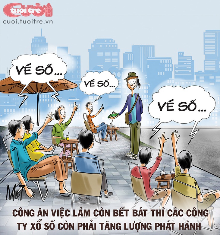 Kinh tế khó khăn, người lao động càng đặt niềm tin vào sự may rủi của vé số - Tranh: Đỗ Minh Tuấn 