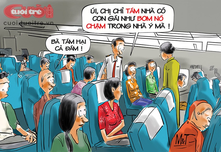 Chuyến bay bất ổn:&nbsp;Bà tám hại cả đám! - Tranh: Đỗ Minh Tuấn 