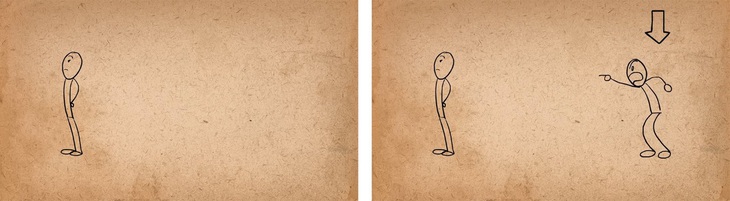 (1) Một nhân vật A đang đứng bên trái. (2) Nhân vật B xuất hiện bên phải, có lời nói, hành động. Đến đây, người xem sẽ lập tức chuyển sự chú ý nhìn vào anh B. (Theo AlanBeckerTutorials)