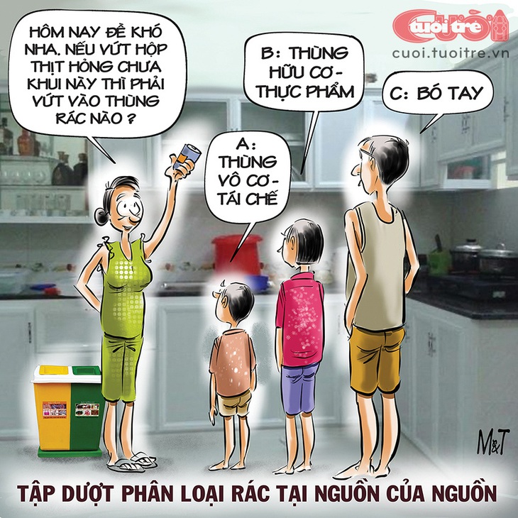 Cả nhà tập dượt...&nbsp;phân loại rác - Tranh: Đỗ Minh Tuấn 
