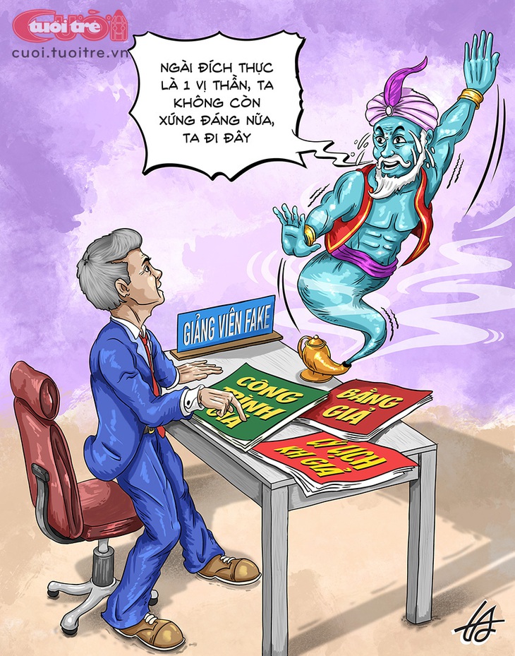 Vị thần "pha ke" trên giảng đường - Tranh: Nguyễn Tuấn Anh 