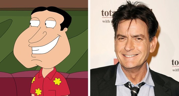 Nhân vật Glenn Quagmire trong phim Family Guy và diễn viên/nhà sản xuất phim Charlie Sheen.