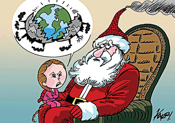 Ông già Noel vẫn bó tay với món quà “Hành tinh bớt ô nhiễm” - tranh của Julio Carrin Cueva, họa sĩ Peru.