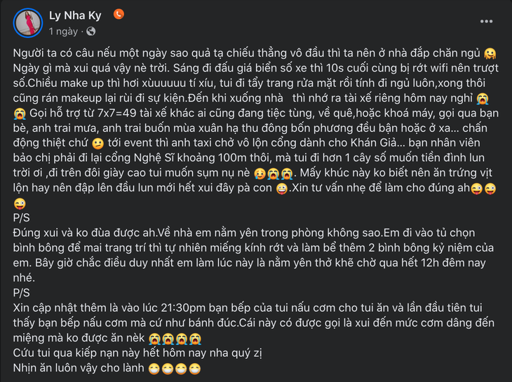 Mặc dù bài viết kể về việc liên tiếp gặp xui nhưng Lý Nhã Kỳ vô tình kể chuyện hài