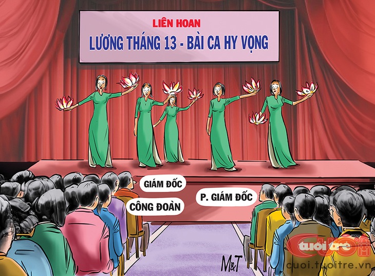 Nhân viên gợi ý khéo lãnh đạo về&nbsp;lương tháng 13 - Tranh: Đỗ Minh Tuấn 