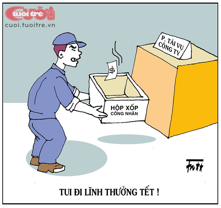 Công nhân đi lãnh&nbsp;thưởng Tết bằng... hộp xốp - Tranh: Tín Nhượng 