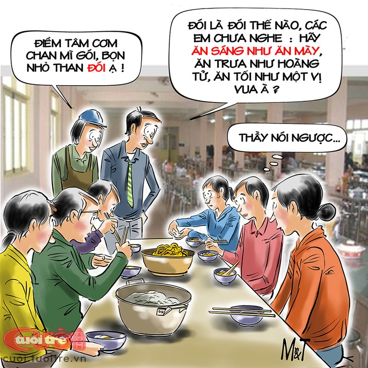Suất&nbsp;cơm học sinh: Hãy ăn sáng như ăn mày! - Tranh: Đỗ Minh Tuấn 