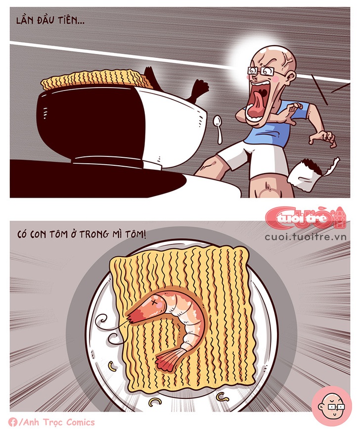 Lần đầu tiên 'nó' có trong&nbsp;mì tôm gây chấn động - Tranh: Anh Trọc Comics 