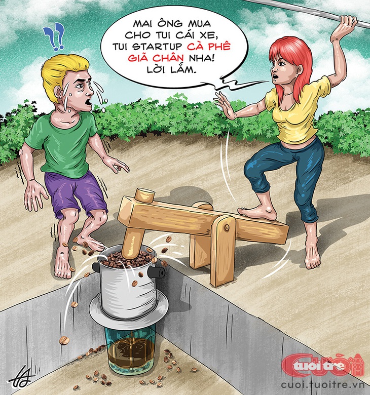 Startup cà phê giã chân cạnh tranh với&nbsp;trà chanh giã tay - Tranh: Nguyễn Tuấn Anh 