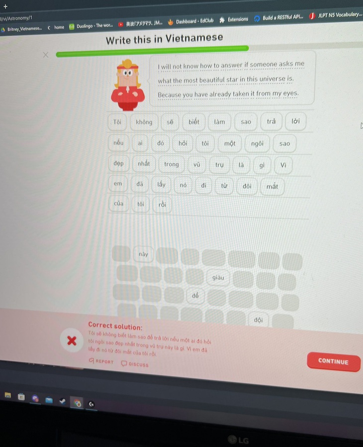 Một bài học tiếng Việt trên Duolingo có nội dung "thả thính". Ảnh người dùng đăng trên Reddit.