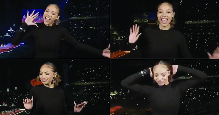 Các biểu cảm sống động của Miles khi "hát" cùng Rihanna. Ảnh chụp màn hình