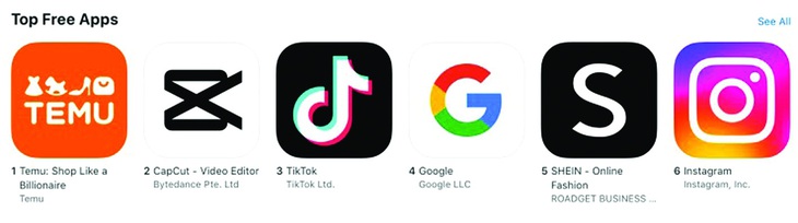 Ảnh chụp tháng 2-2023, top các app miễn phí tải nhiều nhất ở Mỹ.