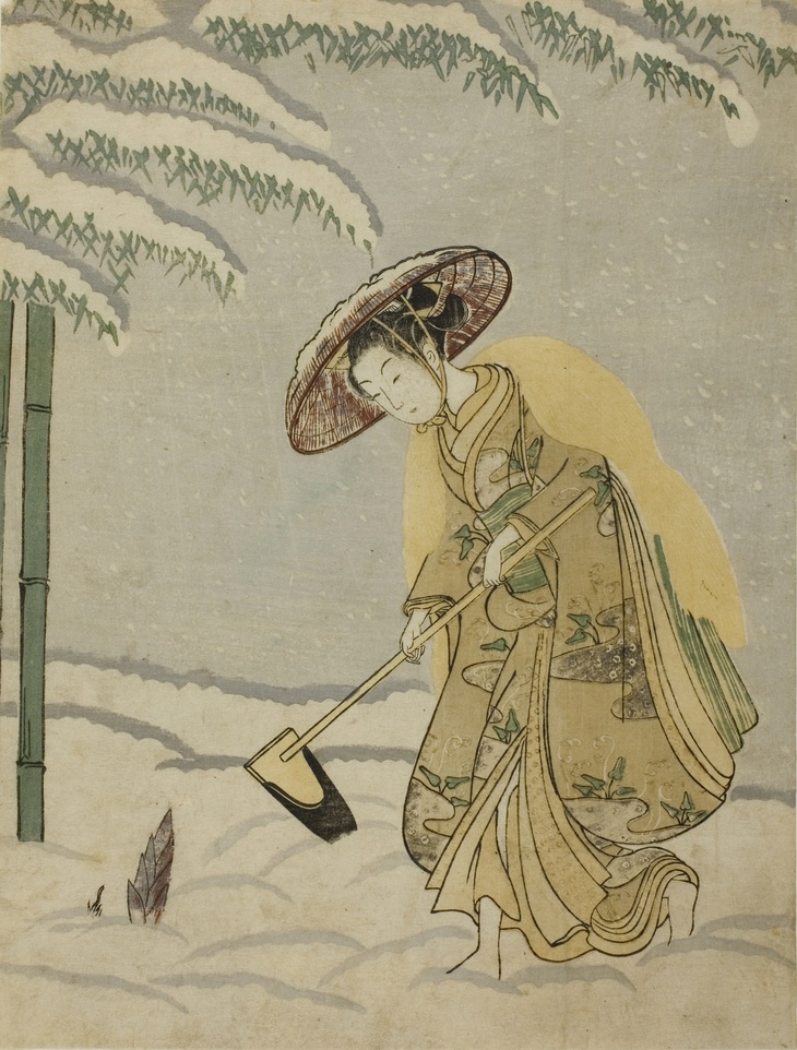 Tranh khắc gỗ màu "Đào măng", họa sĩ Suzuki Harunobu, 1765.