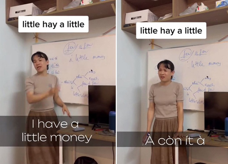 Cô giáo tiếng Anh "mới nổi" Lê Tiêu Linh có nhiều cử chỉ, điệu bộ hài hước khi dạy học.