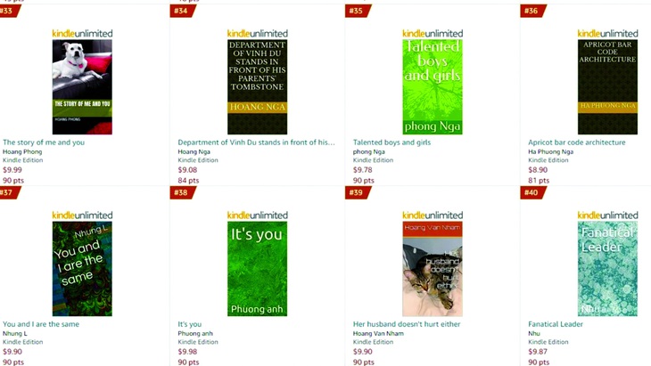 Những tựa sách do AI viết, với tên tác giả rất Việt Nam, trong danh sách "đọc nhiều" trên Kindle Unlimited. Ảnh chụp màn hình trước khi sách bị Amazon gỡ.