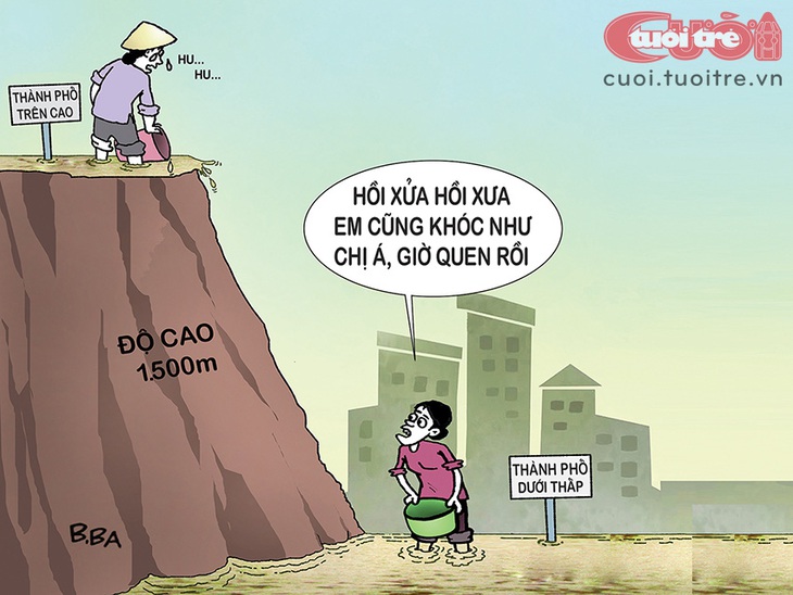 Người Đà Lạt dần làm quen với "đặc sản" ngập như các thành phố đồng bằng - Tranh biếm họa của B.Ba 