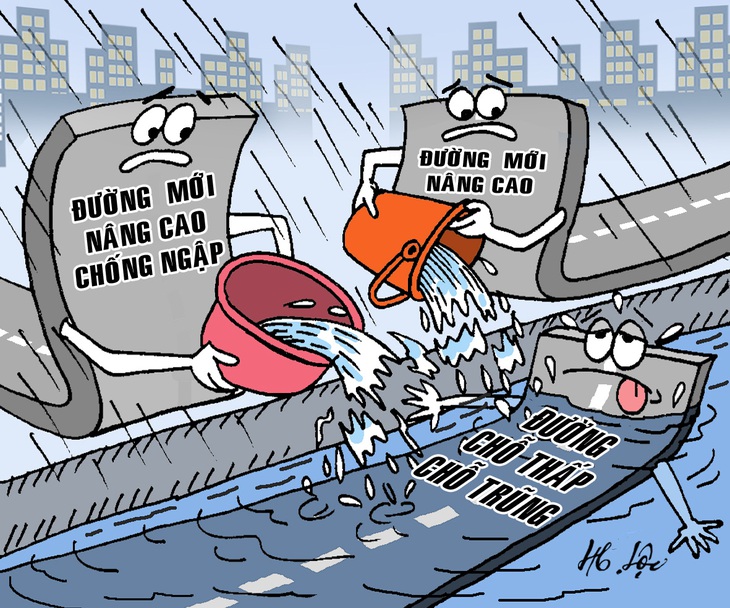 Nâng đường&nbsp;chống ngập càng ngập thêm - Tranh biếm họa của Hữu Lộc 