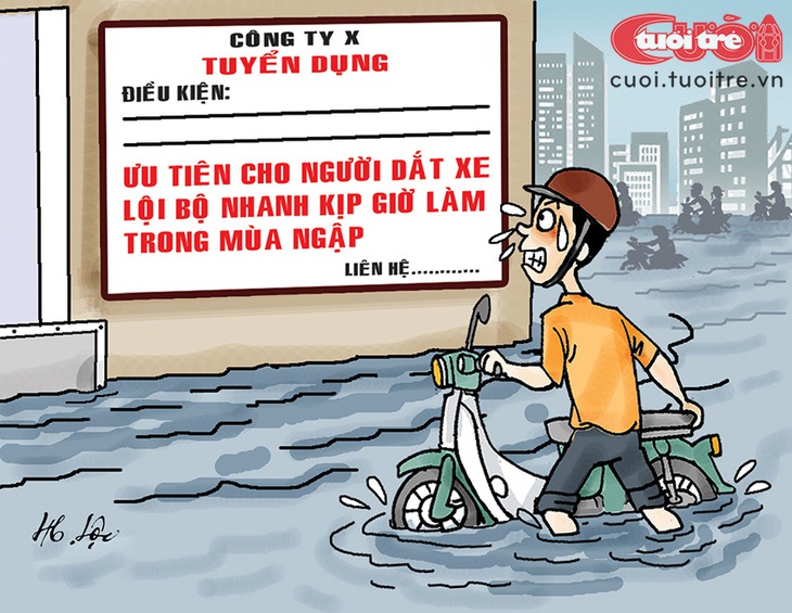 Thông báo tuyển dụng&nbsp;mùa mưa&nbsp;ưu tiên ứng viên giàu kinh nghiệm... sông nước - Tranh: Hữu Lộc