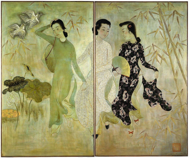 Tác phẩm "Hòa Ân 3" (sơn mài hai tấm, 112 x 134cm) vẽ năm 1951. Ông đặt tên tiếng Pháp cho bức tranh là “Paix” (hòa bình), gửi gắm trong hình tượng hai chú chim bồ câu bay lên trên góc trái của bức tranh. Ba thiếu nữ trong tranh là hình ảnh đại diện cho ba miền Bắc - Trung - Nam của Việt Nam lúc này đang bị chia cắt vì chiến tranh loạn lạc.