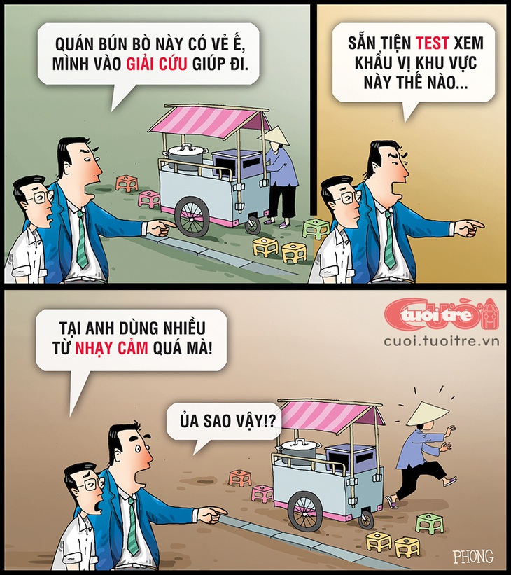 Nghe từ nhạy cảm, bà&nbsp;bún bò chạy mất dép - Tranh: PHONG 