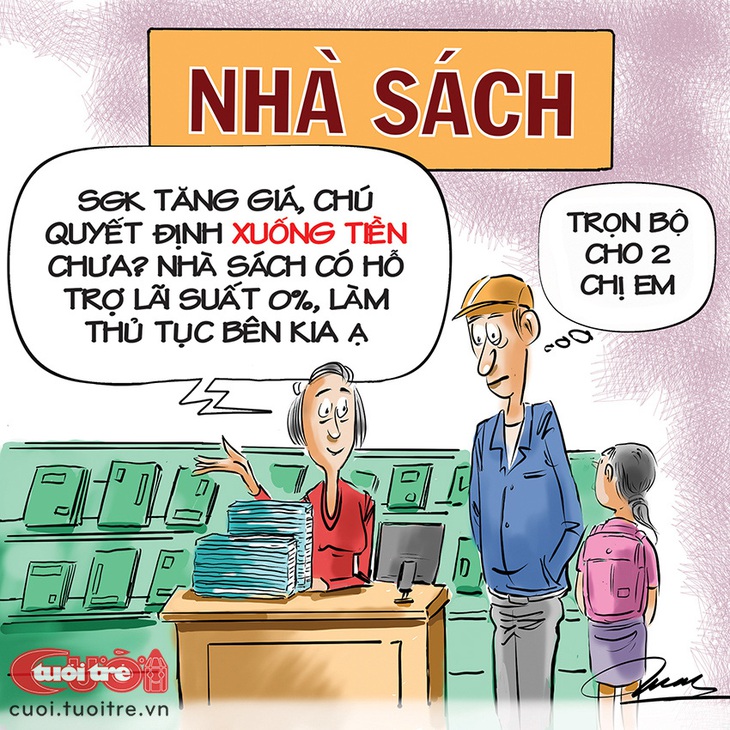 Mua&nbsp;sách giáo khoa&nbsp;có hỗ trợ lãi suất 0% - Tranh: Đỗ Minh Tuấn