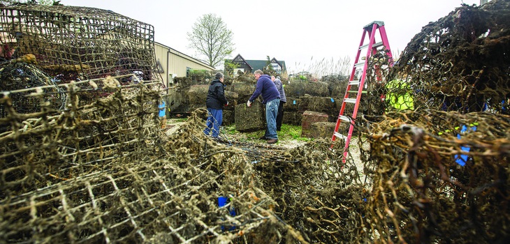 Phân loại bẫy cua “ma” vừa vớt được từ một cửa sông ở New Jersey (Mỹ), trong dự án dọn dẹp chung của Đại học Stockton và cộng đồng ngư dân địa phương. Ảnh: Susan Allen/Đại học Stockton