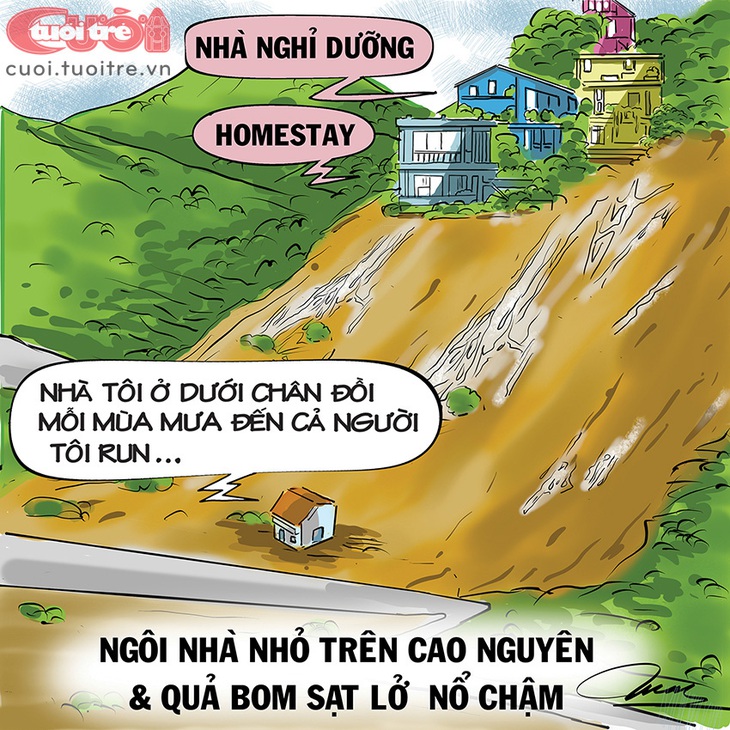 Nhà tôi ở dưới chân đồi, mỗi&nbsp;mùa mưa đến cả người tôi run... - Tranh: Đỗ Minh Tuấn 