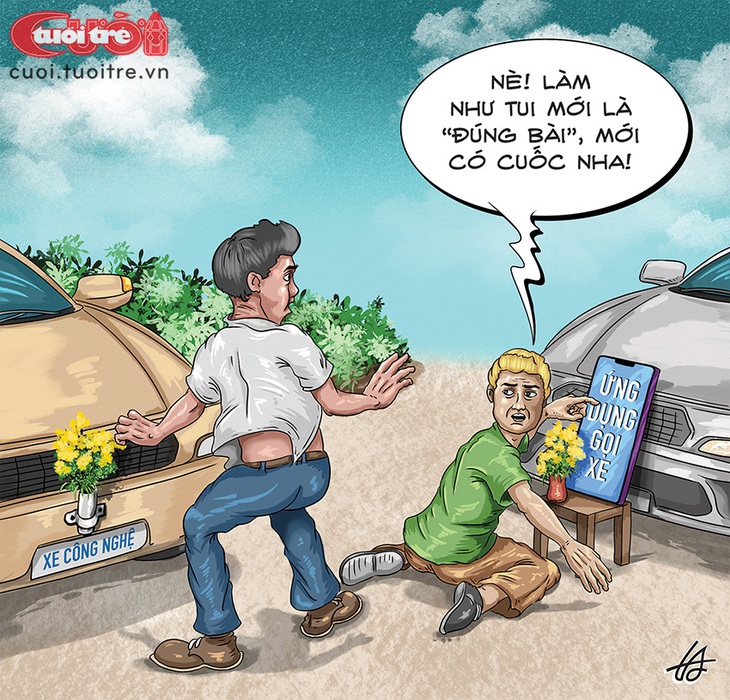 Tài xế công nghệ&nbsp;cúng xe&nbsp;đúng bài năm 2023 - Tranh: Nguyễn Tuấn Anh