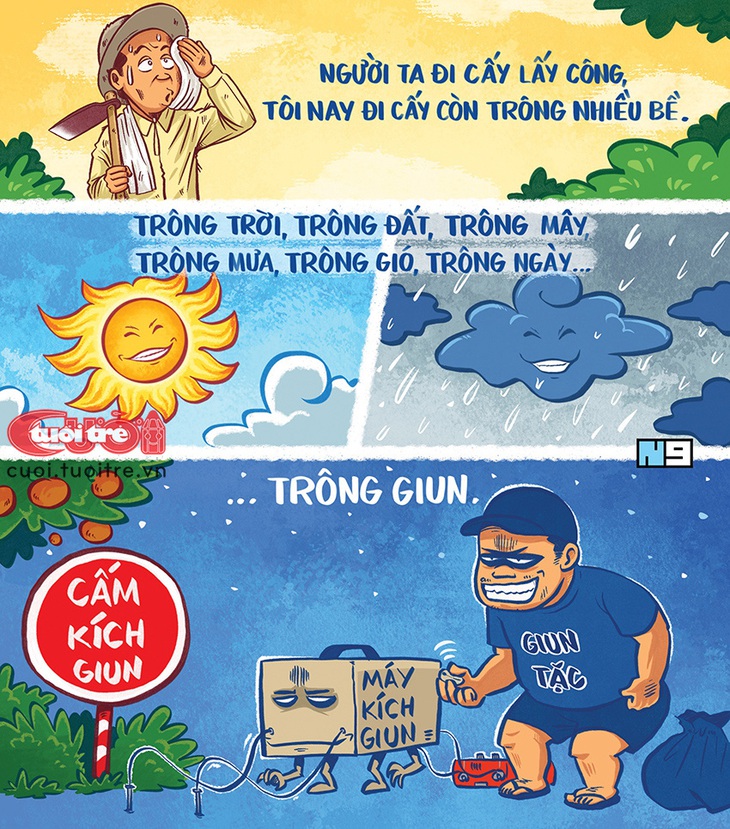 Lão nông vừa cấy vừa trông...&nbsp;giun tặc&nbsp;- Tranh: Hải Nam