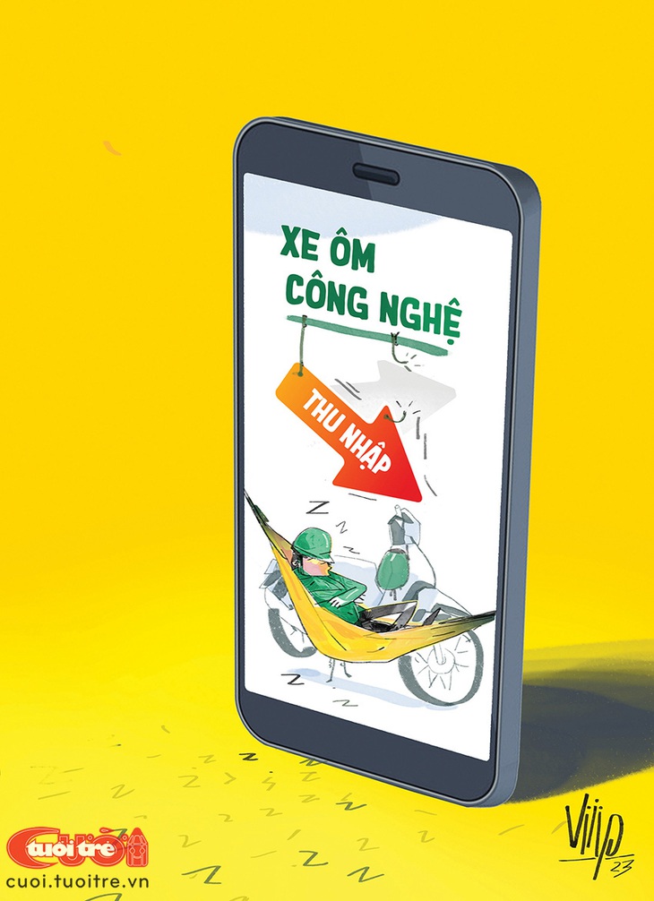 Tài xế&nbsp;xe ôm công nghệ&nbsp;mắc võng ngủ trong app - Tranh: Viiip